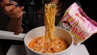 Creamy Shrimp Carbonara Buldak Ramen ASMR Mukbang Experience [upl. by Nyloj]