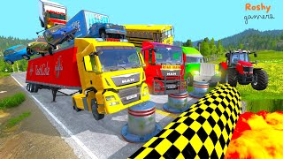 Double Flatbed Trailer Truck vs Speedbumps Train vs Cars Tractor vs Train Busses vs speed bumps [upl. by Ynohtnacram]