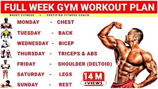 Full Week Gym Workout Plan  Week Schedule For Gym Workout  Buddy Fitness [upl. by Chelsae14]