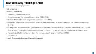 Case Law Tort defences for battery Lane v Holloway 1968 1 QB 379 CA [upl. by Boorman]