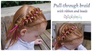 Pullthrough braid with ribbon and beads  Elastiekjesvlecht met lint en kralen [upl. by Macdonald98]