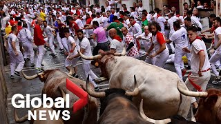 Spains Pamplona bull run returns in full force after 2year COVID hiatus [upl. by Grewitz852]