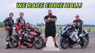 Eddie Hall v Sylvain Guintoli  370bhp Suzuki Hayabusa v 200bhp GSXR1000 drag race [upl. by Licko]