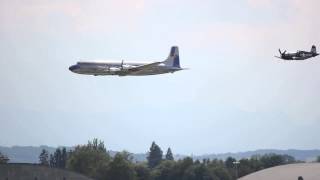 Flying Bulls Douglas DC6B and Chance Vought F4U4 „Corsairquot low approach at Linz [upl. by Yadnus]