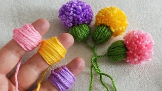 Amazing Pom Pom Flower Craft Idea with Fingers  Easy Woolen Flower Making  Hand Embroidery Trick [upl. by Dhiren]