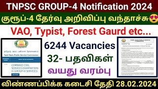 TNPSC Group4 official notification released 2024  TNPSC vao typist notification apply online [upl. by Mable]