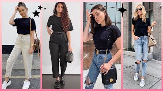 LOOKS BÁSICOS CON CAMISETA NEGRA ♥  OUTFITS de moda mujer 2023 [upl. by Enelam]