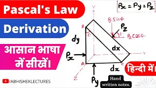 Pascal’s Law Derivation  Pascal Law In Hindi  Fluid Mechanics  abhisheklectures [upl. by Angadresma]