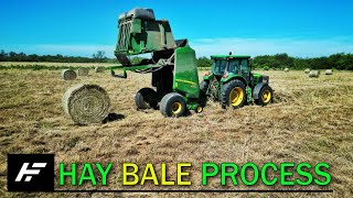 Cutting Raking and Baling Hay bales from start to finish  John Deere 6100D agriculture [upl. by Lerual]