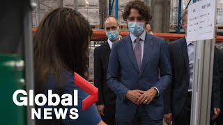 Trudeau visits Pfizer COVID19 vaccine manufacturing site in Puurs Belgium [upl. by Leveroni]