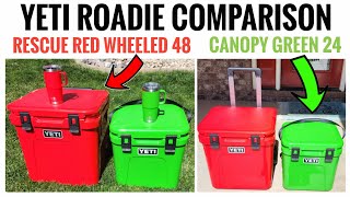 Yeti Roadie 24 vs Roadie 48 Wheeled Cooler Rescue Red amp Canopy Green Comparison [upl. by Yenduhc933]