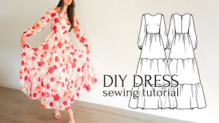 DIY Maxi Chiffon Dress with Tiered Ruffle Skirt  Sewing Pattern [upl. by Ayotan]