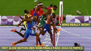 VERY SLOW MOTION MEN 100M FINALS PARIS 2024 OLYMPICS  WHO REALLY WON [upl. by Rivkah]