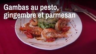 Recette de chef  Gambas au pesto gingembre confit et éclats de parmesan [upl. by Samira881]