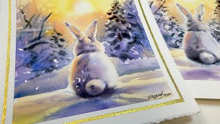 Watercolor Christmas Card Painting  A Bunny in a Winter Wonderland [upl. by Anegroeg731]