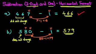 Subtraction 3Digit Numbers and One  Horizontal Format [upl. by Jariv]