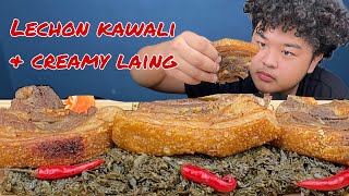 PINOY FOOD LECHON KAWALI AND CREAMY LAING MUKBANG WITH JUST LAFAM [upl. by Annej]