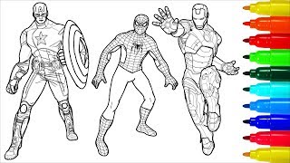 Spiderman Captain America Iron Man Coloring Pages  Colouring Pages For Kids With Colored Markers [upl. by Allx]