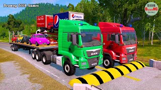 Double Flatbed Trailer Truck vs Speedbumps Train vs Cars  Tractor vs Train BeamngDrive [upl. by Jariv]