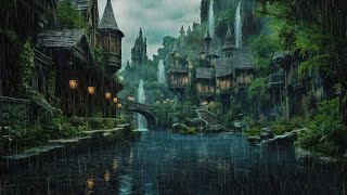 Calm Scenery with Rain Light Thunder beside River and Waterfall in Medieval  Sleep Relax [upl. by Norven]