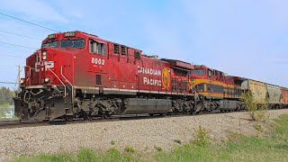 RARE CP potash train on the Aldersyde Subdivision with double KCS units and UP at Anderson station [upl. by Nazler433]