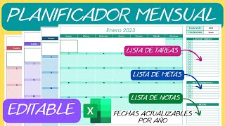 Planificador Mensual📆Editable Perpetuo en Excel✅Calendario Agenda [upl. by Ahseken]