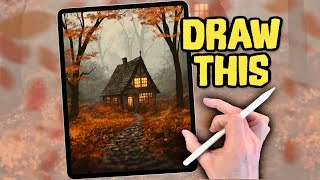 PROCREATE Landscape DRAWING Tutorial in EASY steps  Fall Autumn woods Cottage [upl. by Musette]