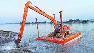 TATA HITACHI EX 215 Excavator working in River on pontoon [upl. by Ranee]