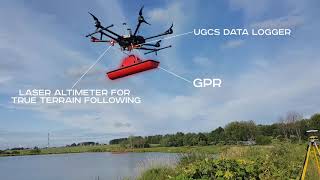 Drone equipped with Ground Penetrating Radar GPR for freshwater bathymetry [upl. by Aiekam]