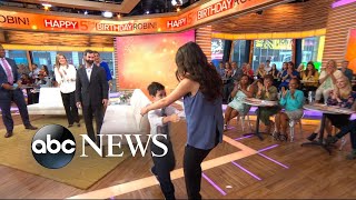 Boy 8 meets the bone marrow donor who saved his life live on GMA [upl. by Aehcsrop329]