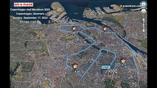 Copenhagen Half Marathon 2023 fly over the halfmarathon 3D course map [upl. by Nilre]