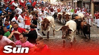 Pamplona Bull Run 2019 tumbles turns and injuries [upl. by Emil]