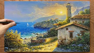 How to draw a lighthouse by the sea  Beautiful coastal landscape painting  Acrylic painting [upl. by Ahsital955]