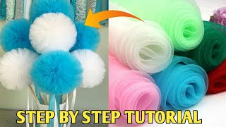 Easy Diy How to make a perfect tulle pom poms flower tutorial only few minutes [upl. by Alat]