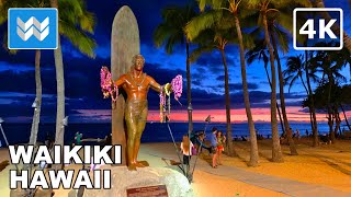 4K Waikiki Beach at Night in Honolulu Hawaii USA Walking Tour amp Travel Vacation Guide Kalakaua [upl. by Aneloj]