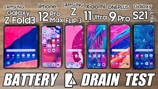 Samsung Z Fold3 vs iPhone 12 Pro Max  Z Flip3  Mi 11 Ultra  OnePlus 9 Pro  BATTERY DRAIN TEST [upl. by Lenz]