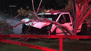 Pomona CA  Truck Crashes in Ganesha Park Hits Water Source and Tree [upl. by Nnomae132]