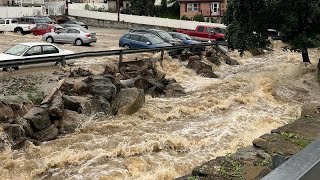 Tourists trapped by floods can leave Saas Grund after road temporarily reopened [upl. by Yahs]