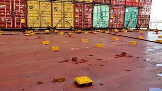 How container lashing being done on container ship [upl. by Hnid]