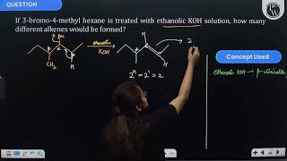 If 3bromo4methyl hexane is treated with ethanolic \KOH\ solution how many different alkene [upl. by Cris552]