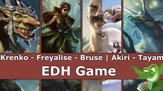 Krenko vs Freyalise vs Bruse Tarl  Akiri vs Tayam EDH  CMDR game play [upl. by Liborio]