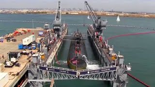 Nuclear Submarine Dry Docks Inside Floating Dry Dock  Timelapse Video [upl. by Griffie]