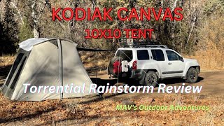 KODIAK CANVAS 10x10 TENT Heavy Rainstorm Performance amp ONE Design Flaw kodiakcanvastent camping [upl. by Livvy]