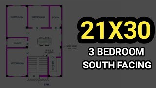 21x30 sqft house plan 3 bedroom  21x30 house plan south facing  21 ft by 30 ft house design [upl. by Firmin611]