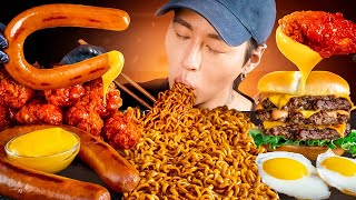 ASMR MUKBANG  Fried Chicken Black Bean Fire Noodles Triple Cheeseburger Sausage [upl. by Aneehs]