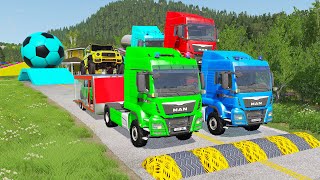 Double Flatbed Trailer Truck vs Speedbumps Train vs Cars  Tractor vs Train BeamngDrive 050 [upl. by Aramot]