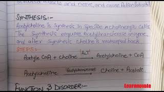 ACETYLCHOLINE NEUROTRANSMITTER  BIOCHEMISTRY LECTURE  SYNTHESIS FUNCTION  DEFICIENCYEASY NOTES [upl. by Jerrine]