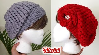 ❤ Gorro Crochet Estilo Boina Caida Punto Puff [upl. by Swec]