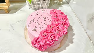 Cascading Pipped Rosette in Cake Idea  HalfMoon Decoration  Pink Rosette in Pink Cake Design fyp [upl. by Ahsened360]