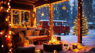 Christmas Cabin Porch Ambience 🎄  Cozy Winter Night with Snowfall amp Crackling Fire for Relaxation [upl. by Gore]